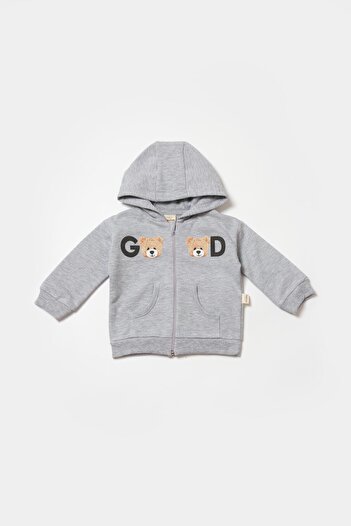 Magu Baby Cotton Gray Hooded Teddy Bear Printed Tracksuit Set - Two Pieces
