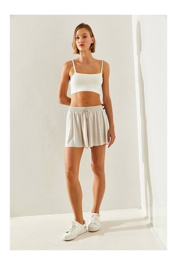 MetuCA Pleated Skort with Shorts Inside – Elastic Waist, Lace-Up (Stone Color)