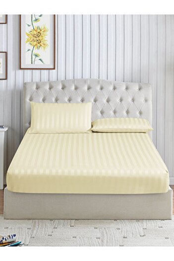 Donetella طقم ملاءات سرير مخططة 200×200 سم سوبر كينج – ملاءة سرير واحدة + 2 كيس وسادة، جيب عميق 35 سم
