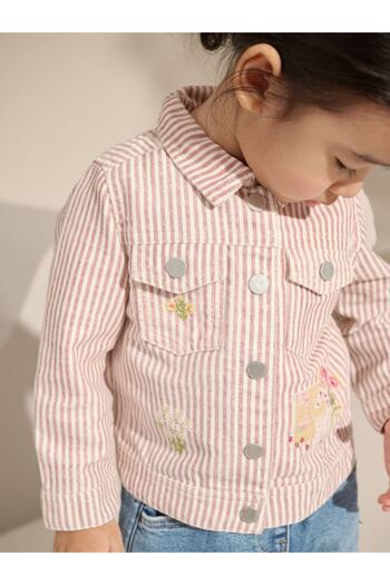 Next Baby Pink 100% Cotton Striped Emblish Western Jacket