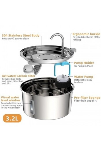 Kardett Stainless steel water fountain dispenser for cats and dogs, 3.2L, silent pump, advanced filtration