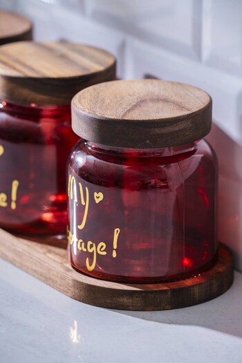 ACAR 7937 Pierre 3-Piece Acacia Wood Jar Set with Lid and Tray 12 cm - Red