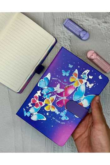 ZeCo Collection Butterfly Patterned Striped Hard Cover Magnet Notebook Purple
