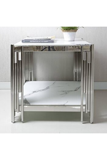 Vanity Living Side Table for Living Room Furniture, Artificial White Marble Glass Top End Table, Sof