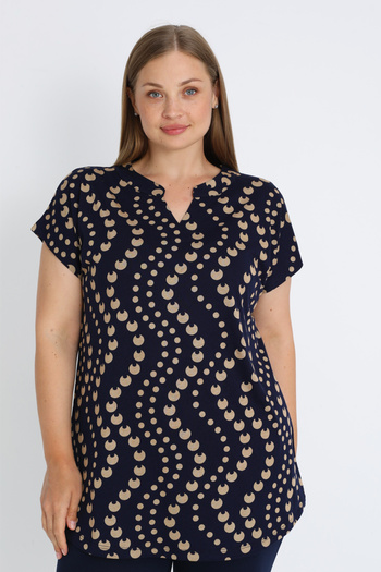 İntensive Navy Blue Short Sleeve Patterned Short Sleeve V Neck Cotton Plus Size Blouse