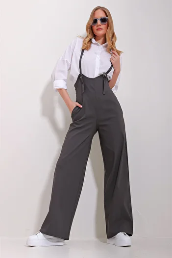 VAGGON Women's Anthracite Double Pocket Strap Lycra Salopet Jumpsuit Prmx11539