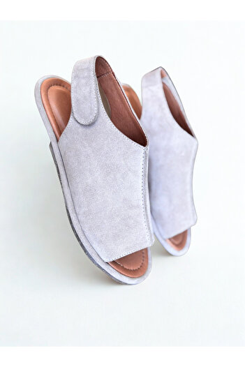 NE&VE SHOES Ecru Suede Genuine Leather Velcro Women's Daily Sandals