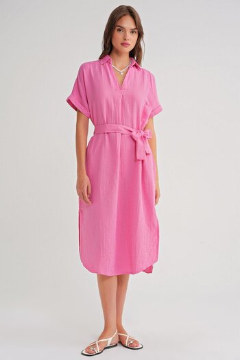 Mixray 4720 Women's Pleat Detailed Tie-Up V-Neck Muslin Dress Pink