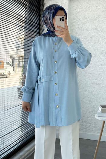 MELEK ARAZ Linen Tunic with Side Belt and Pleat Detail – Blue