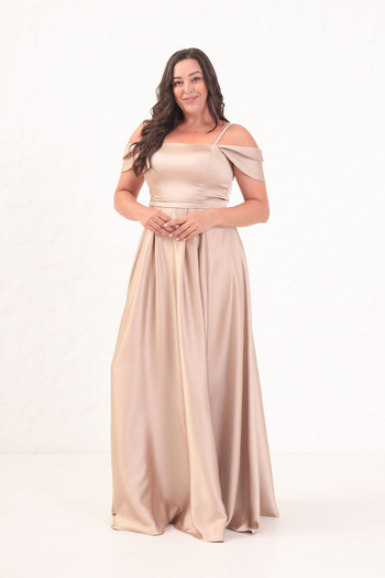 Lafaba Women's Beige Stone Strap Plus Size Long Evening Dress