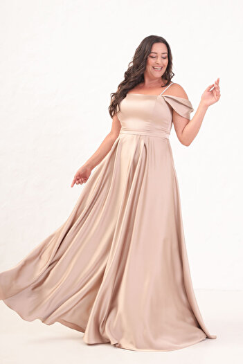 Lafaba Women's Beige Stone Strap Plus Size Long Evening Dress