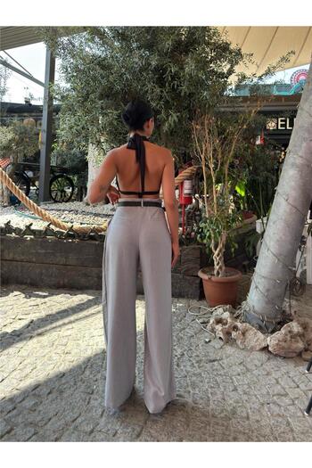 WeShaya Gray Linen Blend Belted Trousers