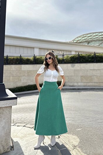 NEW LAVİVA Women's Green High Waist, Pocketed, Long, Corded Stitched Fabric, Maxi Kiloş Skirt (Narrow Fit)