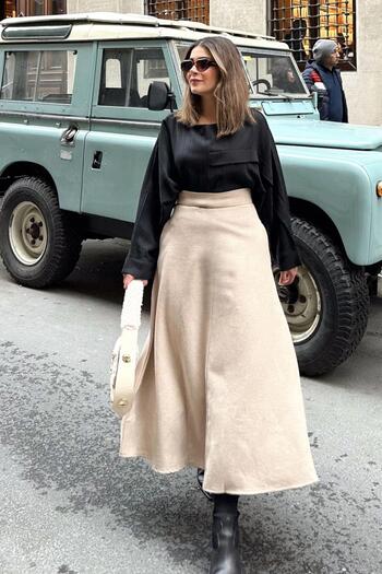 NEW LAVİVA Women's Beige High Waist, Pocketed, Long, Corded Stitched Fabric, Maxi Kiloş Skirt (Narrow Fit)
