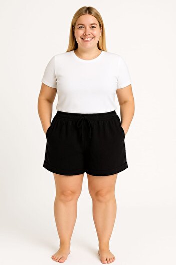 enmodaiçgiyim Plus Size 100% Cotton Muslin Fabric Women's Two Pockets Casual Summer Shorts