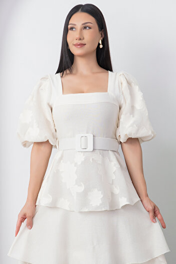 PULLIMM Square Neckline Belted Layered Dress Els8574