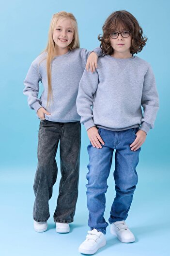 Perendi Unisex Basic Crew Neck Hooded Winter Sweatshirt - Gray