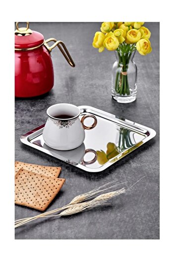 Demir Çeyiz Dmr Life 6-Piece Luxury Square Stainless Steel Silver Color 24X24Cm Coffee Serving Presentation