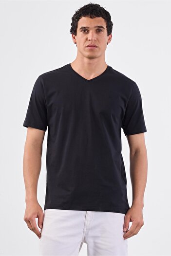 Dufy Black V-Neck Cotton Solid Color Slim Fit Men's T-Shirt
