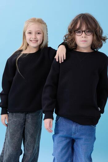 Perendi Unisex Basic Crew Neck Hooded Winter Sweatshirt - Black