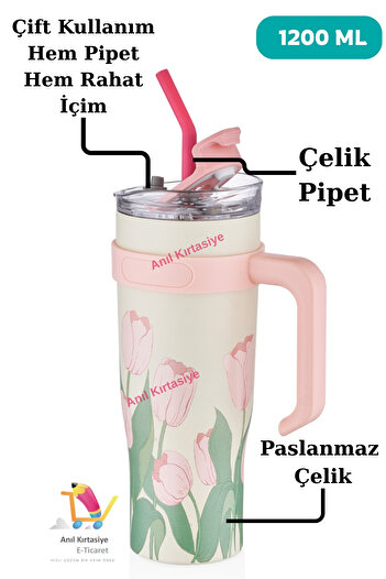 Vagonlife Diller Insulated Coffee Mug with Straw 1200ml up to 12 Hours Hot/Cold Cup Body Thermos