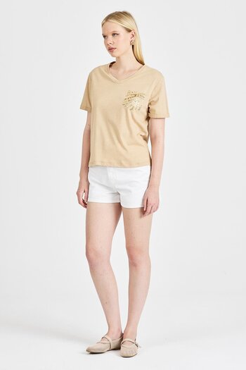 odelon Women's Sequined 100% Cotton Beige T-Shirt