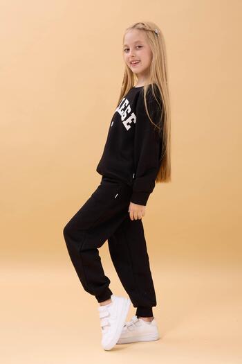 Perendi Girl's Crew Neck Embossed Lettering Detailed 2-Piece Tracksuit Set Without Sharps - Black
