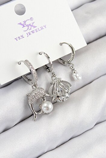 SeyCey.co Brass Zircon Stone 3-Piece Dolphin and Oyster Model Silver Color Women's Earrings