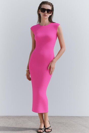 HAKKE Wide neck side gathered zero sleeve seersucker dress