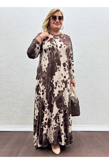 KLEERMAKER Women's Plus Size Cotton Viscose Fabric Long Sleeve Coffee-Beige Dress