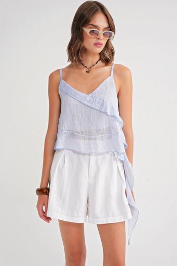 Mixray 4736 Women's Ruffled Strap Blouse Baby Blue