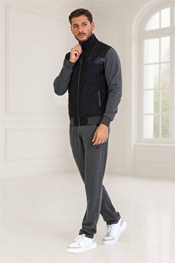 BESSA Smoked Stand Collar Wolf Printed Tracksuit Set Parachute Fabric Detailed Zippered Pocket Straight Leg Men