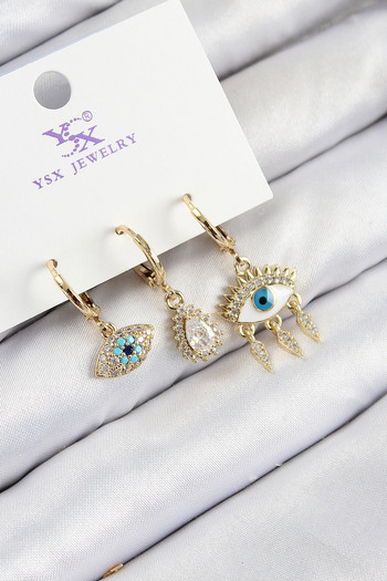 norsary Brass Zircon Stone 3-Piece Fatma's Eye Model Gold Color Women's Earrings