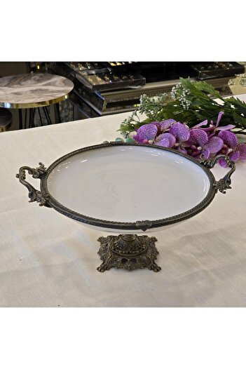 AlyaHomeAksesuar Metal Framed Round Porcelain Serving Plate with Casting Feet 25 cm Antique