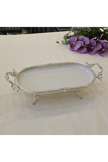 AlyaHomeAksesuar Metal Framed Oval Porcelain Serving Plate 25X15 cm Silver