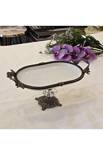 AlyaHomeAksesuar Metal Framed Casting Footed Oval Porcelain Serving Plate 25X15 cm Antique