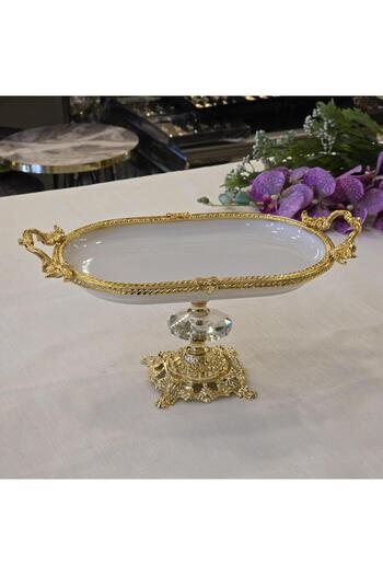 AlyaHomeAksesuar Metal Framed Casting Footed Oval Porcelain Serving Plate 25X15 cm