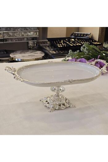 AlyaHomeAksesuar Metal Framed Casting Footed Oval Porcelain Serving Plate 30X16 cm Silver
