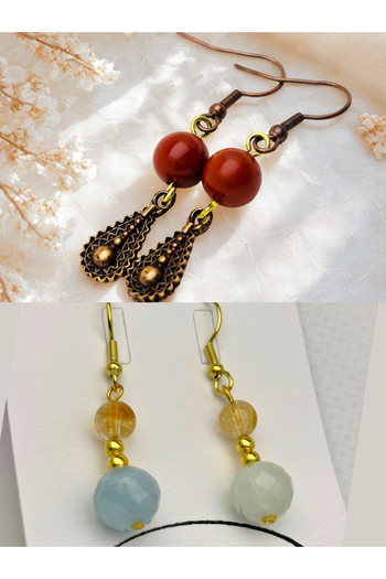 ayrestyle Jasper & Aquamarine & Citrine Natural Stone 2-Piece Earring Set, Authentic Natural Stone Women's Earrings with Dangle