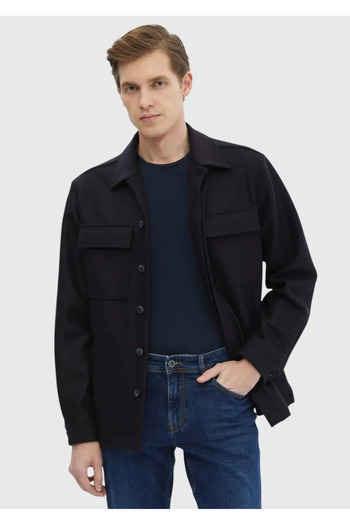 Ramsey Navy Blue Plain Regular Fit Woven 100% Wool Overshirt