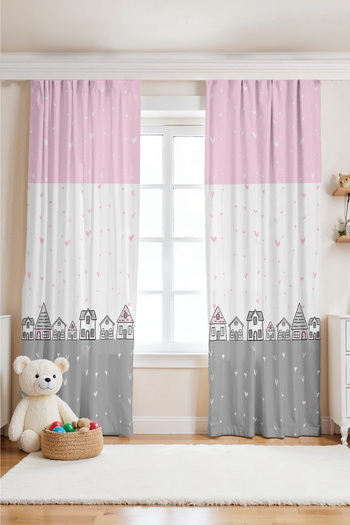 EVPANYA Pink Gray Houses Patterned Children's Baby Room Background Curtain (Single Wing Pricing)