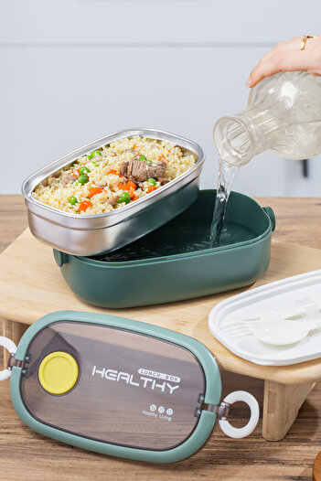 Porsima 66729 Vacuum Lunch Box Two-Layer Stainless Steel Easy to Lock Self-Spoon Lunch Box