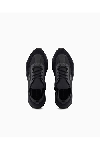 Emporio Armani Erkek Örme ve Süet Detaylı Burunlu Kartal Logolu Yuvarlak Siyah Sneaker EM003739 AF19724-MC005