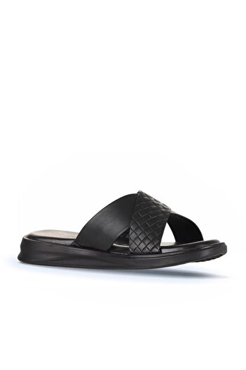 Bueno Shoes Black Leather/Knit Men's Flat Slippers 25Mt2230