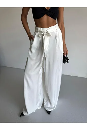 MONAMORE White Front Pleated Belted Loose Cut Satin Trousers