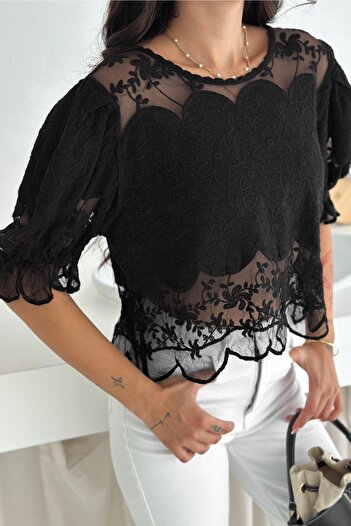 FEMELLE Black See-Through Lace Blouse Flower Embroidered Standard Size