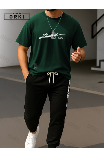 EFFRENATU Limited Edition Printed Oversize Forest Green T-Shirt & Black Pants Tracksuit Set