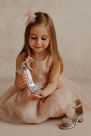 DİGGO Girl's Evening Dress Shoes Transparent Heel Flower Stone Detailed
