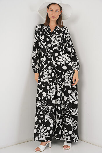 Bigdart Women's Patterned Long Hijab Dress 2585 - Black - White 1