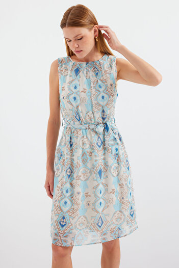 Merterium Women's Patterned Zero Sleeve Chiffon Dress Blue 1161